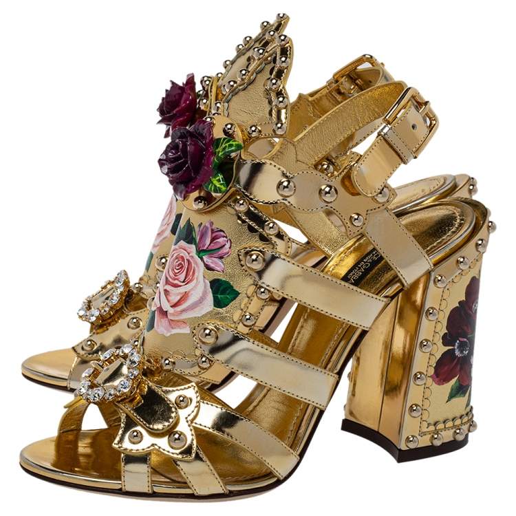 Pre Owned Dolce & Gabbana Gold Patent And Leather Mordore Embellished Sandals Size 37
