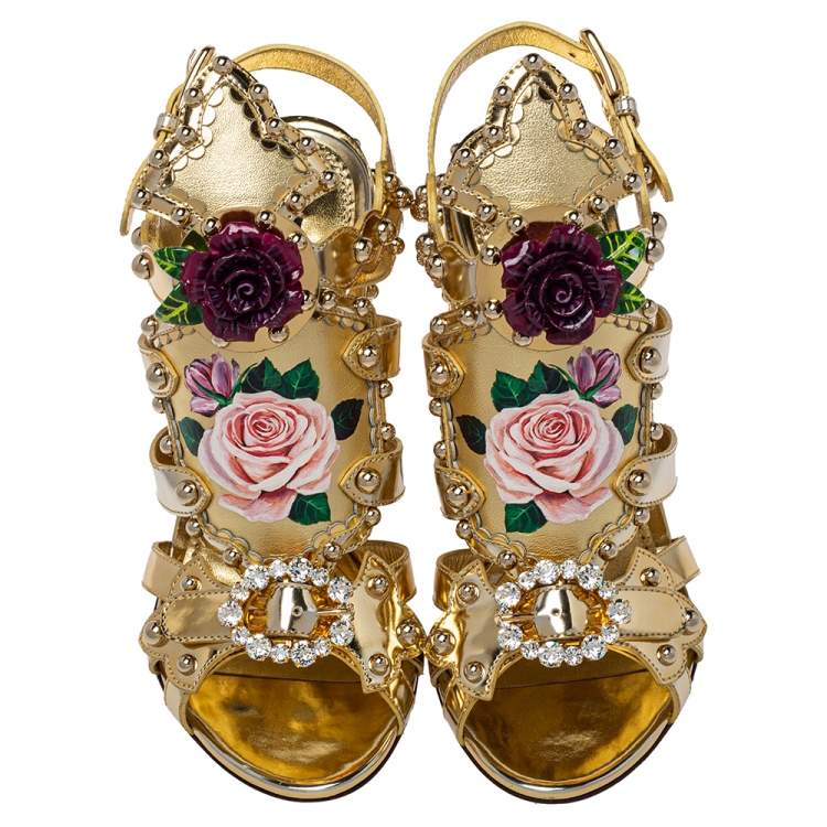 Pre Owned Dolce & Gabbana Gold Patent And Leather Mordore Embellished Sandals Size 37
