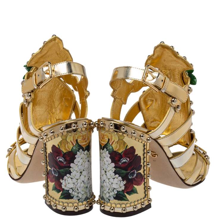 Pre Owned Dolce & Gabbana Gold Patent And Leather Mordore Embellished Sandals Size 37