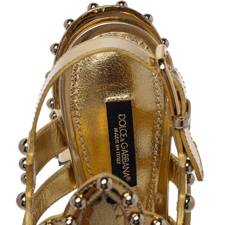 Pre Owned Dolce & Gabbana Gold Patent And Leather Mordore Embellished Sandals Size 37