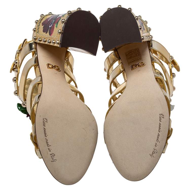 Pre Owned Dolce & Gabbana Gold Patent And Leather Mordore Embellished Sandals Size 37