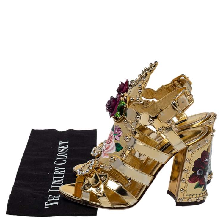 Pre Owned Dolce & Gabbana Gold Patent And Leather Mordore Embellished Sandals Size 37