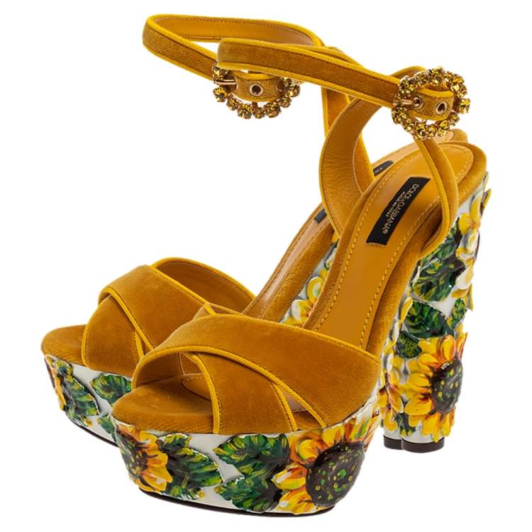 Pre Owned Dolce & Gabbana Yellow Sunflower Velvet Pottery Platform Sandals Size 36