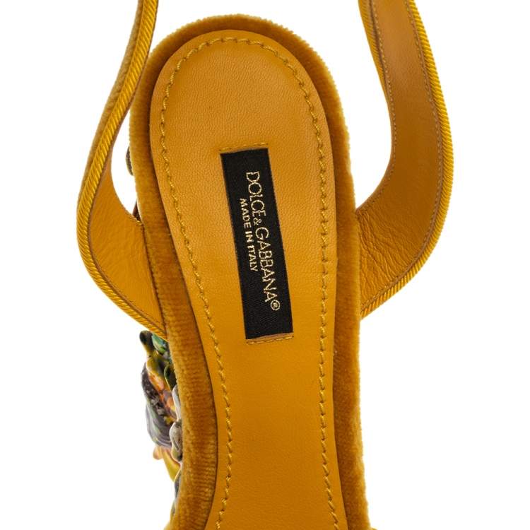 Pre Owned Dolce & Gabbana Yellow Sunflower Velvet Pottery Platform Sandals Size 36