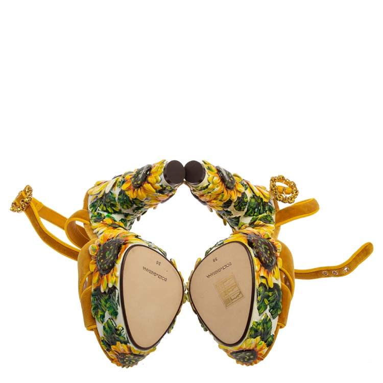 Pre Owned Dolce & Gabbana Yellow Sunflower Velvet Pottery Platform Sandals Size 36