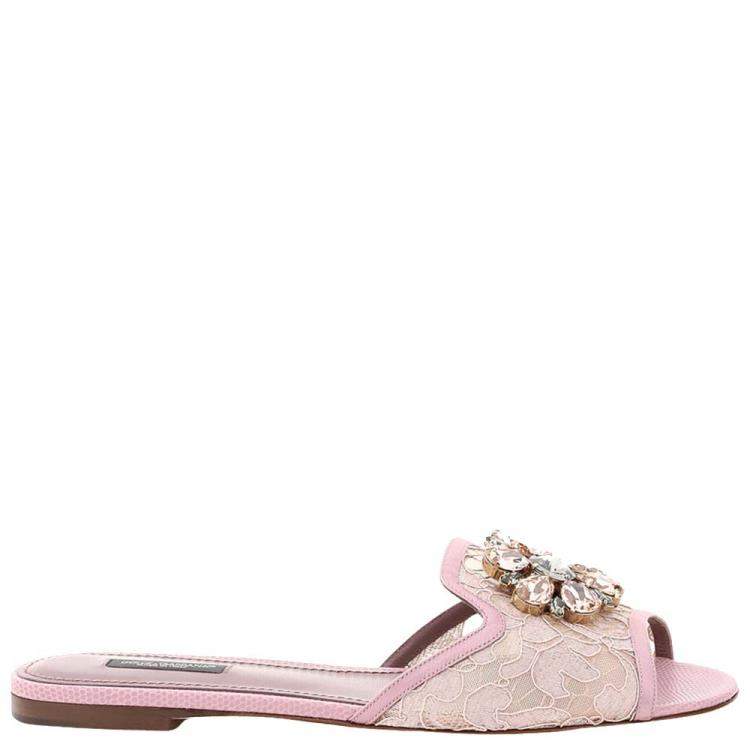 Pre Owned Dolce & Gabbana Pink Taormina Lace Crystals Mules Size IT 39
