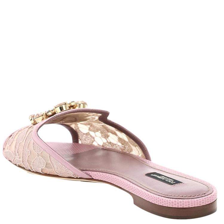 Pre Owned Dolce & Gabbana Pink Taormina Lace Crystals Mules Size IT 39