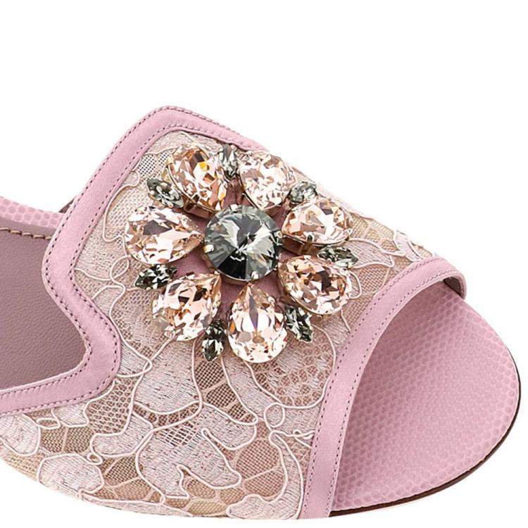 Pre Owned Dolce & Gabbana Pink Taormina Lace Crystals Mules Size IT 39