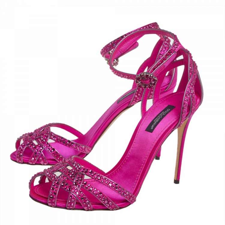 Pre Owned Dolce & Gabbana Pink Satin Crystal Embellished Ankle Strap Sandals Size 38
