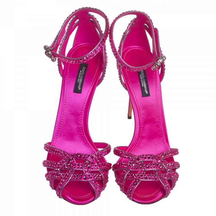 Pre Owned Dolce & Gabbana Pink Satin Crystal Embellished Ankle Strap Sandals Size 38