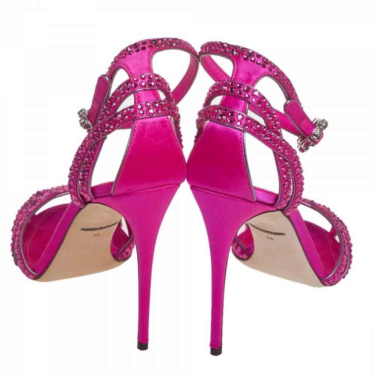 Pre Owned Dolce & Gabbana Pink Satin Crystal Embellished Ankle Strap Sandals Size 38