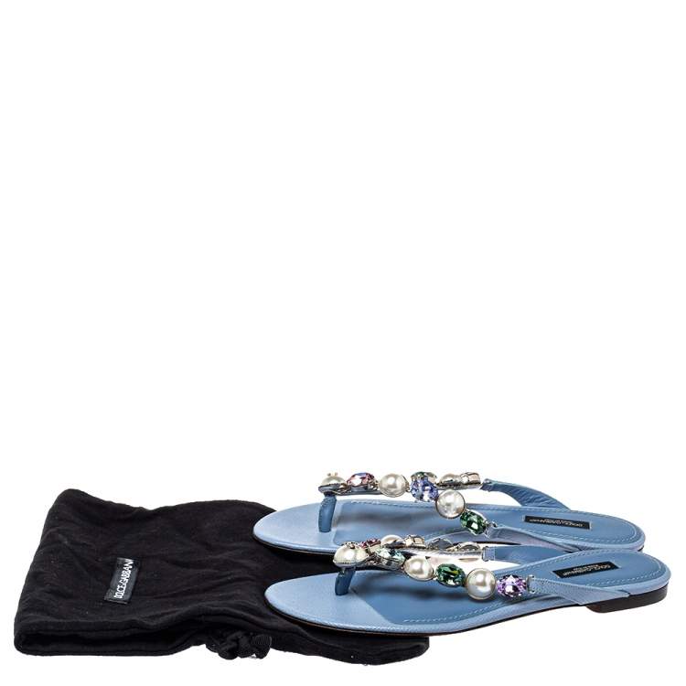 Pre Owned Dolce & Gabbana Blue Leather Crystal Embellished Thong Flat Sandals Size 38