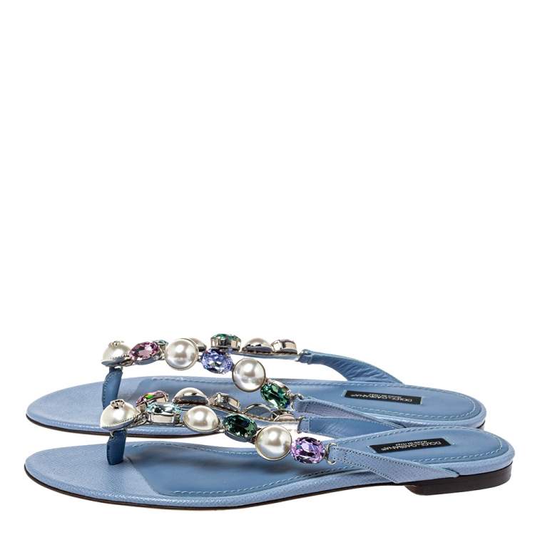 Pre Owned Dolce & Gabbana Blue Leather Crystal Embellished Thong Flat Sandals Size 38