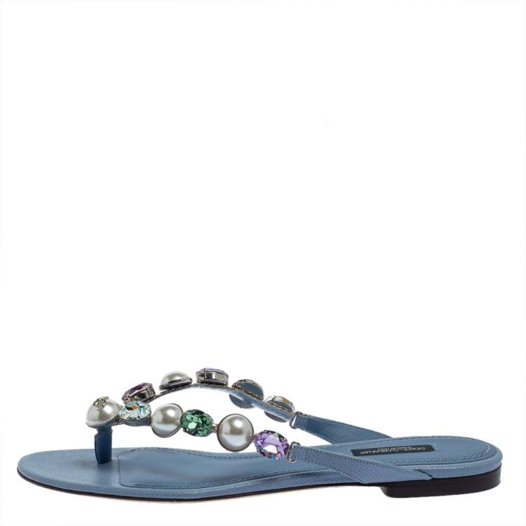 Pre Owned Dolce & Gabbana Blue Leather Crystal Embellished Thong Flat Sandals Size 38