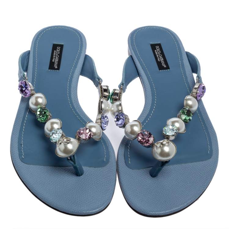 Pre Owned Dolce & Gabbana Blue Leather Crystal Embellished Thong Flat Sandals Size 38