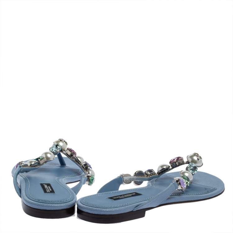 Pre Owned Dolce & Gabbana Blue Leather Crystal Embellished Thong Flat Sandals Size 38