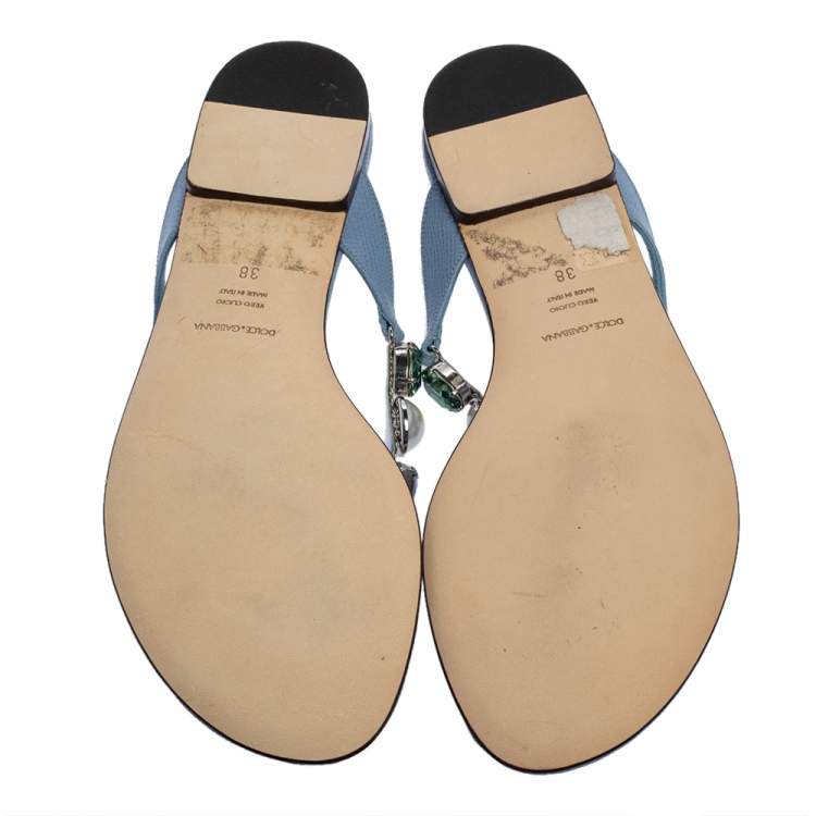 Pre Owned Dolce & Gabbana Blue Leather Crystal Embellished Thong Flat Sandals Size 38