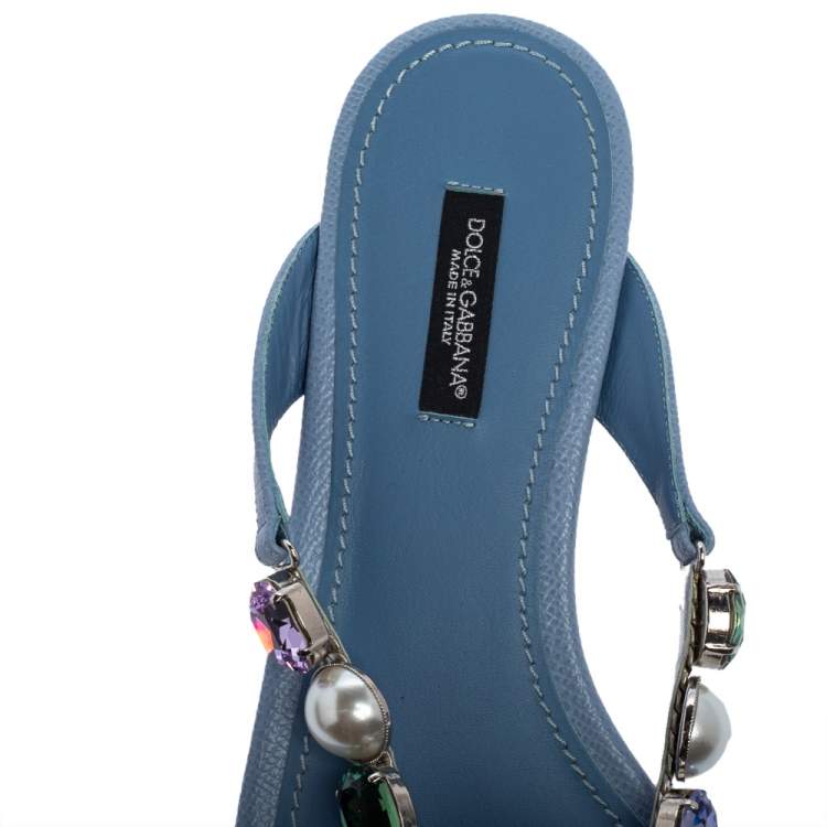 Pre Owned Dolce & Gabbana Blue Leather Crystal Embellished Thong Flat Sandals Size 38