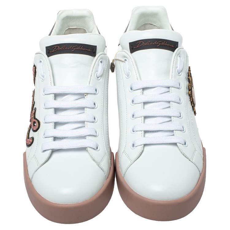 Pre Owned Dolce & Gabbana White Leather Love Applique Portofino Low Top Sneakers Size 41