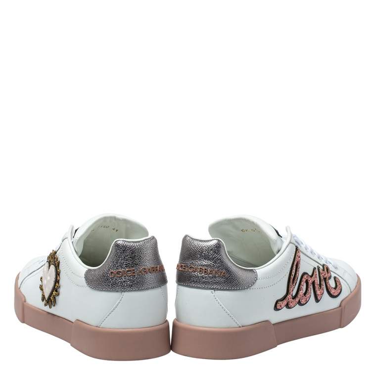 Pre Owned Dolce & Gabbana White Leather Love Applique Portofino Low Top Sneakers Size 41