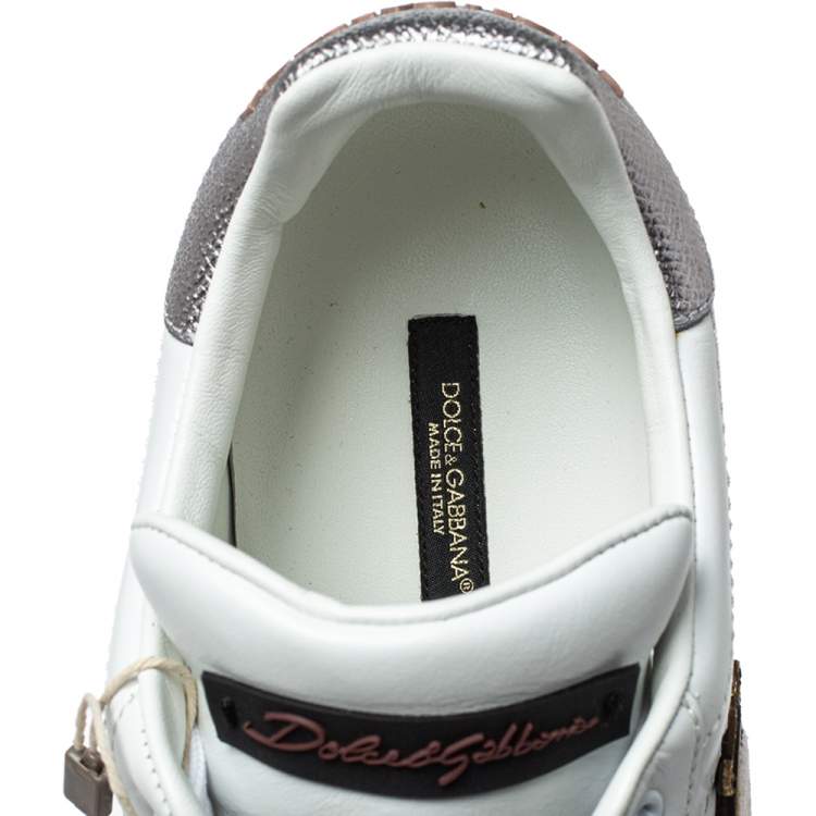 Pre Owned Dolce & Gabbana White Leather Love Applique Portofino Low Top Sneakers Size 41