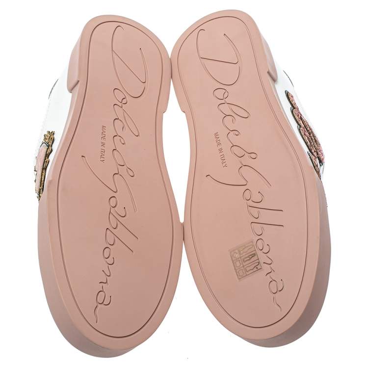 Pre Owned Dolce & Gabbana White Leather Love Applique Portofino Low Top Sneakers Size 41