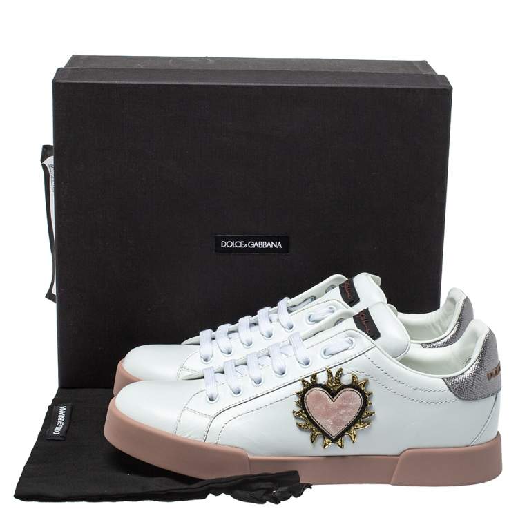 Pre Owned Dolce & Gabbana White Leather Love Applique Portofino Low Top Sneakers Size 41
