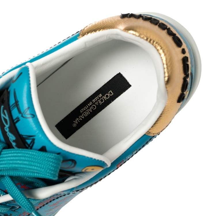 Pre Owned Dolce & Gabbana Blue Leather Graffiti Low Top Sneakers Size 36