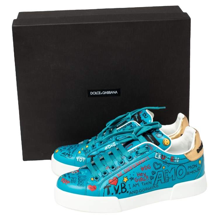 Pre Owned Dolce & Gabbana Blue Leather Graffiti Low Top Sneakers Size 36
