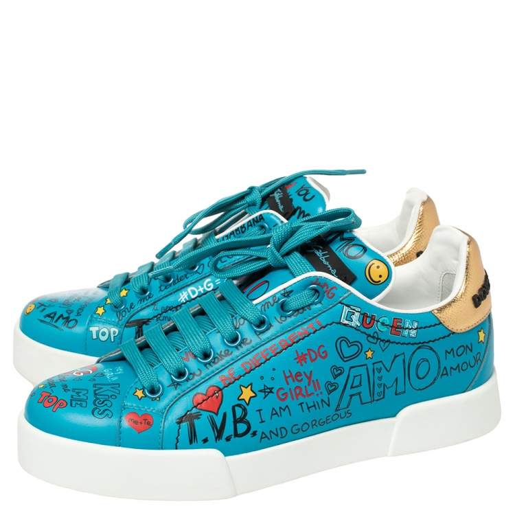 Pre Owned Dolce & Gabbana Blue Leather Graffiti Low Top Sneakers Size 36