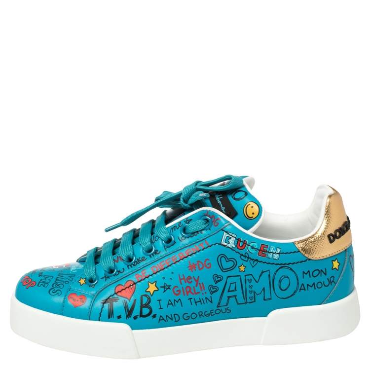 Pre Owned Dolce & Gabbana Blue Leather Graffiti Low Top Sneakers Size 36