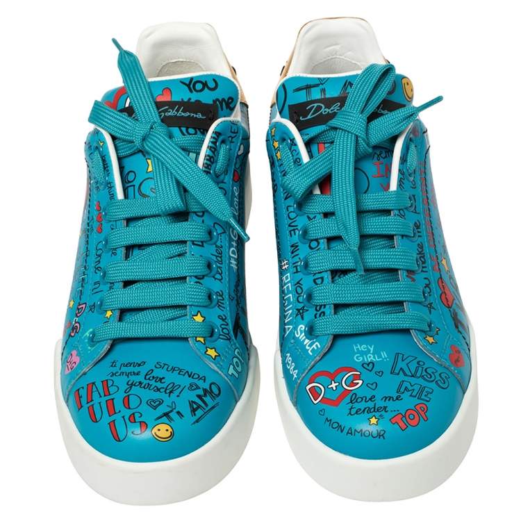 Pre Owned Dolce & Gabbana Blue Leather Graffiti Low Top Sneakers Size 36