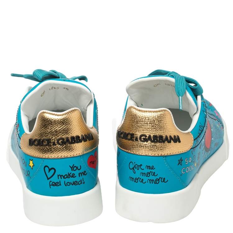Pre Owned Dolce & Gabbana Blue Leather Graffiti Low Top Sneakers Size 36