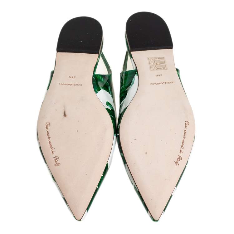 مملوكة مسبقًا Dolce & Gabbana White/Green Patent Leather Banana Leaf Print Slingback Flats Size 36.5