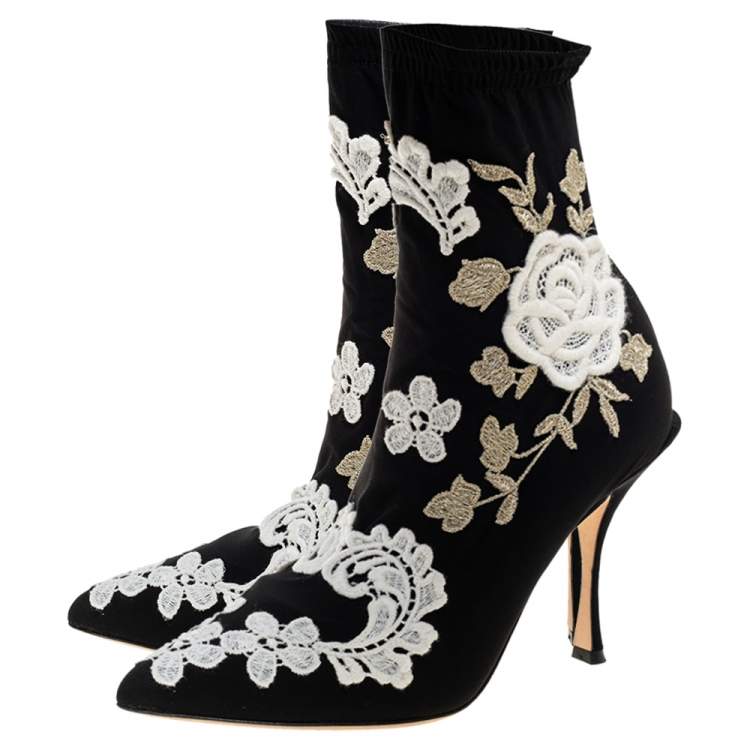 Pre Owned Dolce & Gabbana Black Jersey Flower Embroidered Stretch Booties Size 36