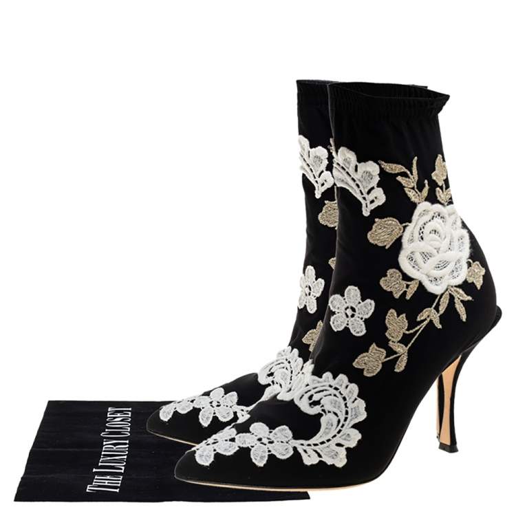 Pre Owned Dolce & Gabbana Black Jersey Flower Embroidered Stretch Booties Size 36