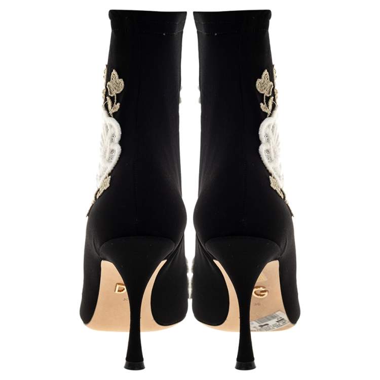 Pre Owned Dolce & Gabbana Black Jersey Flower Embroidered Stretch Booties Size 36