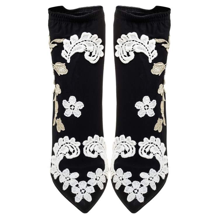 Pre Owned Dolce & Gabbana Black Jersey Flower Embroidered Stretch Booties Size 36