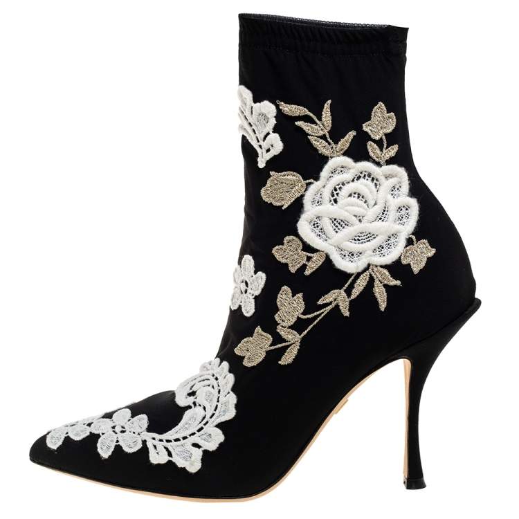 Pre Owned Dolce & Gabbana Black Jersey Flower Embroidered Stretch Booties Size 36