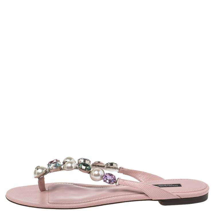 Pre Owned Dolce & Gabbana Pink Leather Crystal Embellished Thong Flat Sandals Size 40