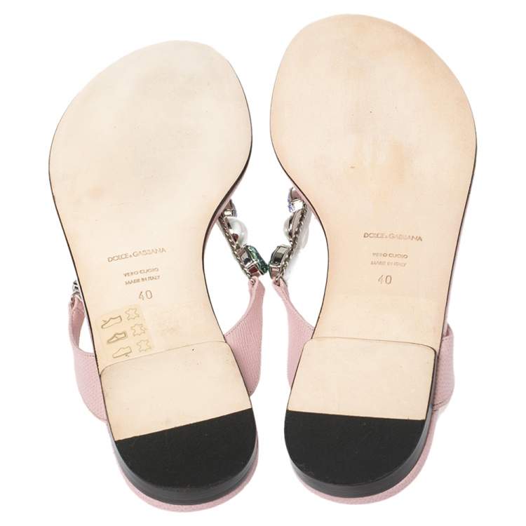 Pre Owned Dolce & Gabbana Pink Leather Crystal Embellished Thong Flat Sandals Size 40