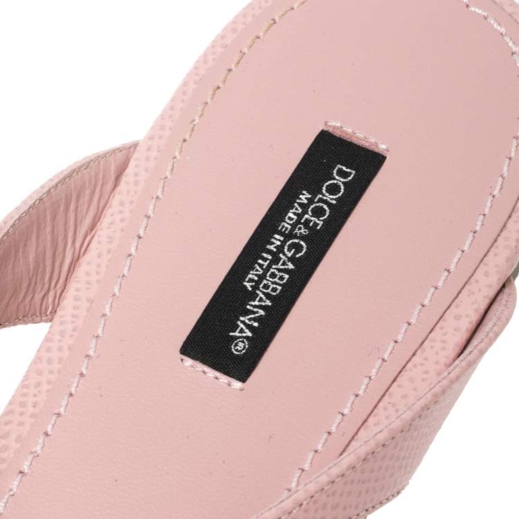 Pre Owned Dolce & Gabbana Pink Leather Crystal Embellished Thong Flat Sandals Size 40