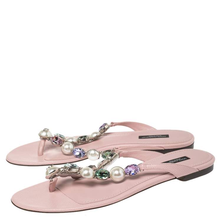 Pre Owned Dolce & Gabbana Pink Leather Crystal Embellished Thong Flat Sandals Size 40