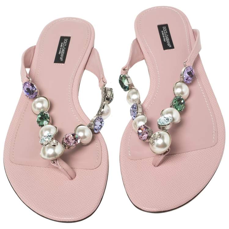 Pre Owned Dolce & Gabbana Pink Leather Crystal Embellished Thong Flat Sandals Size 40