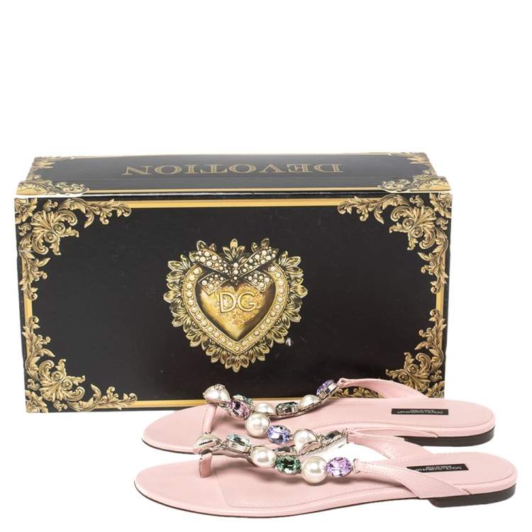 Pre Owned Dolce & Gabbana Pink Leather Crystal Embellished Thong Flat Sandals Size 40