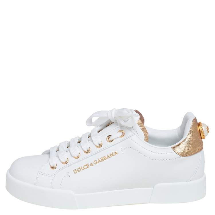مملوكة مسبقًا Dolce & Gabbana White Leather Portofino Sneakers Size 37.5