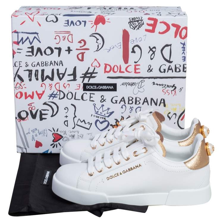 مملوكة مسبقًا Dolce & Gabbana White Leather Portofino Sneakers Size 37.5