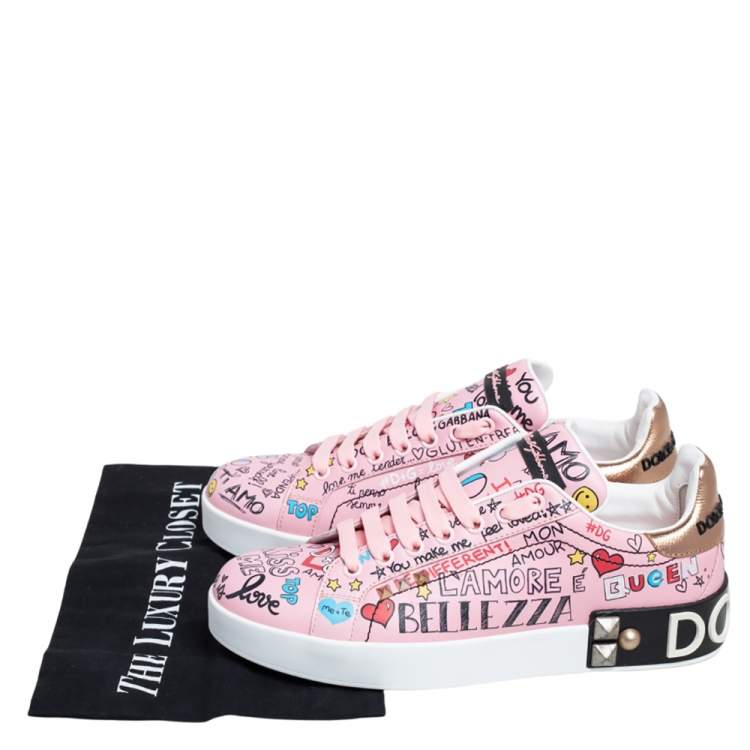 Pre Owned Dolce & Gabbana Pink Leather Portofino Graffiti Print Low Top Sneakers Size 38