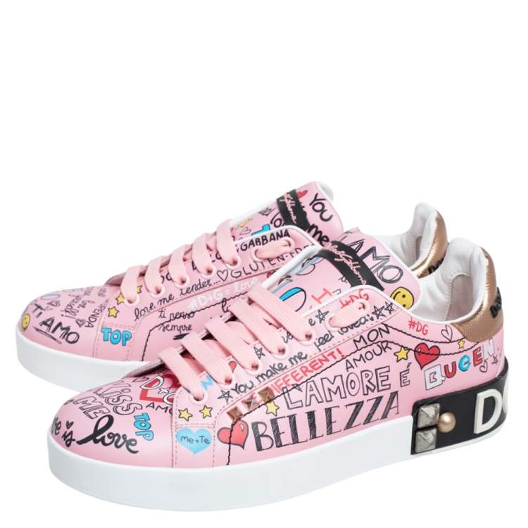 Pre Owned Dolce & Gabbana Pink Leather Portofino Graffiti Print Low Top Sneakers Size 38