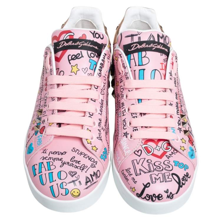 Pre Owned Dolce & Gabbana Pink Leather Portofino Graffiti Print Low Top Sneakers Size 38